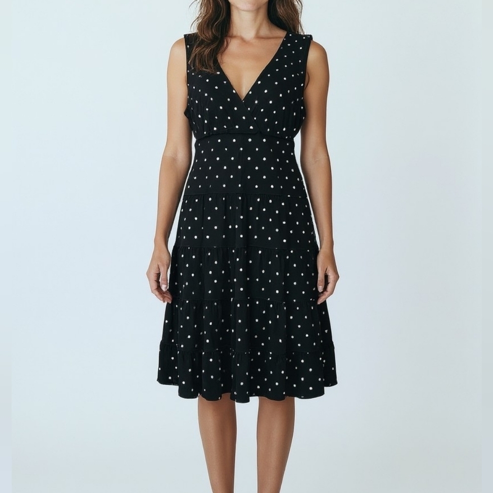 Style & Co Black And White Sleeveless Tiered Polka Dot Midi Dress  Size Large